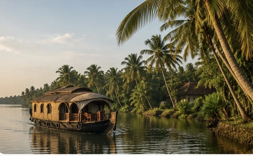 A traditional Kerala houseboat on the palm-lined backwaters at golden hour
